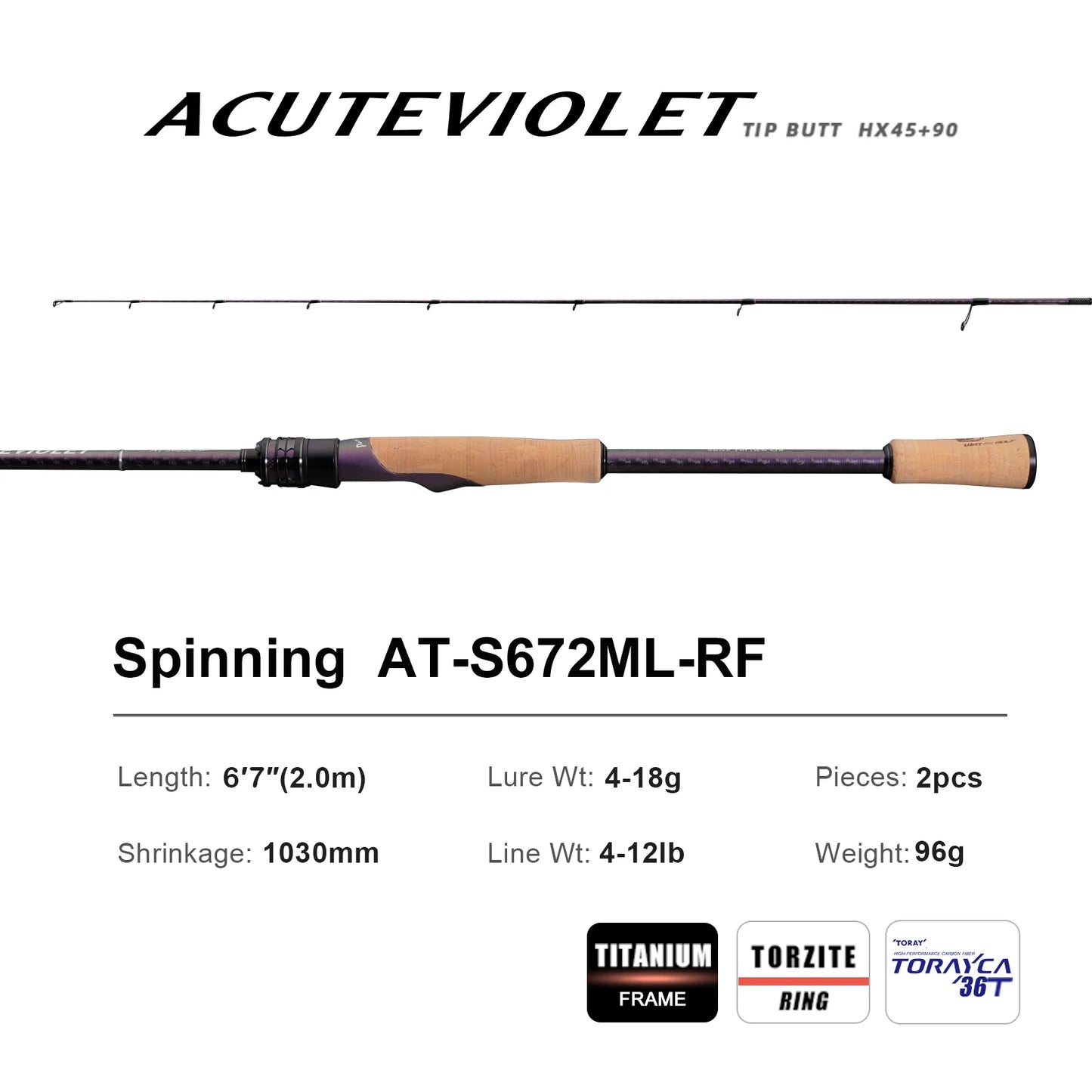 PureLure Acute Violet Bass Fishing Rod 2-Piece Fast Action