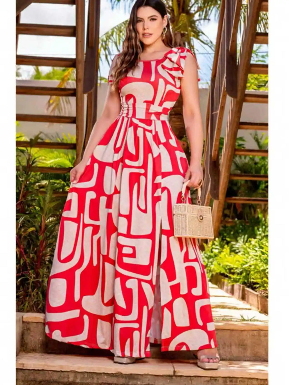 Elegant Polyester Geometric Print Sleeveless Maxi Dress With Bow Accent
