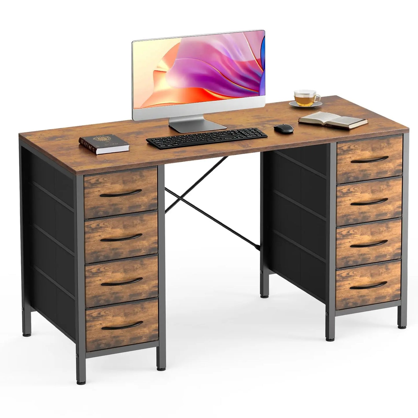 JHK Computer Desk With 8 Fabric Drawers And X Frame