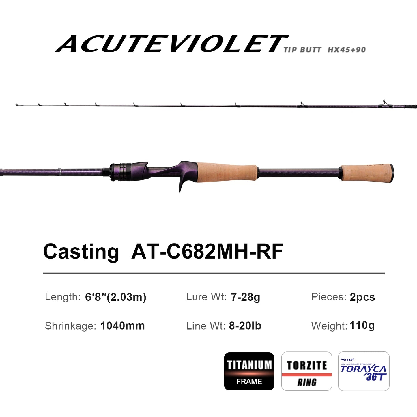 PureLure Acute Violet Bass Fishing Rod 2-Piece Fast Action