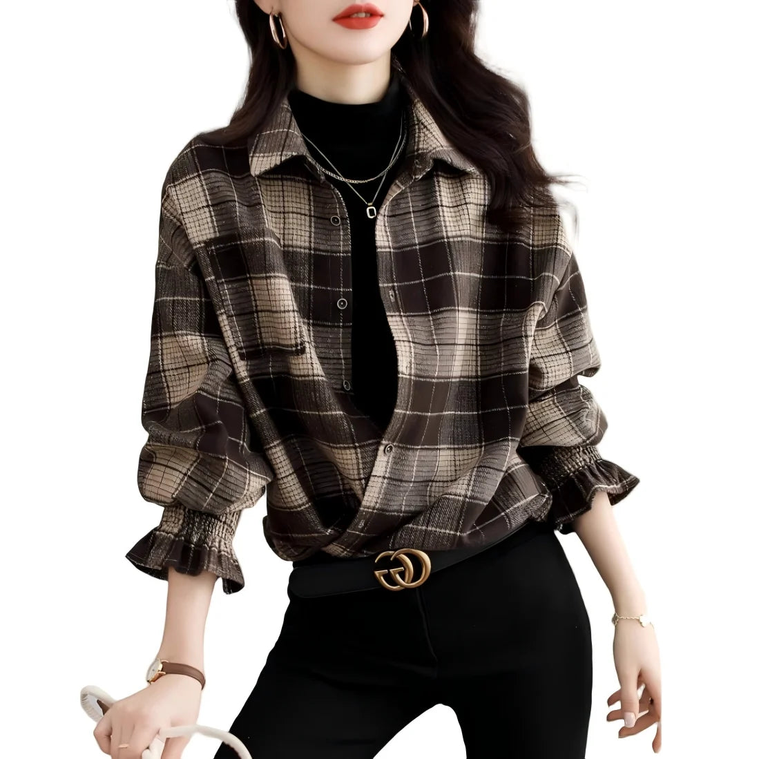 Women Plaid Polyester Lapel Button Front Loose Summer Blouse