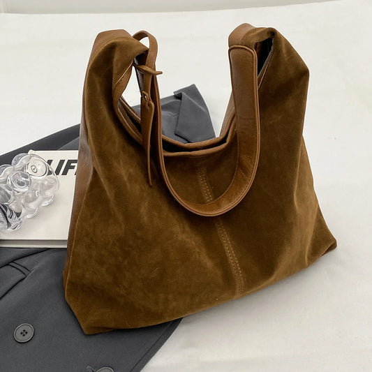 Women Suede Tote Magnetic Closure Shoulder Bag Large Capacity