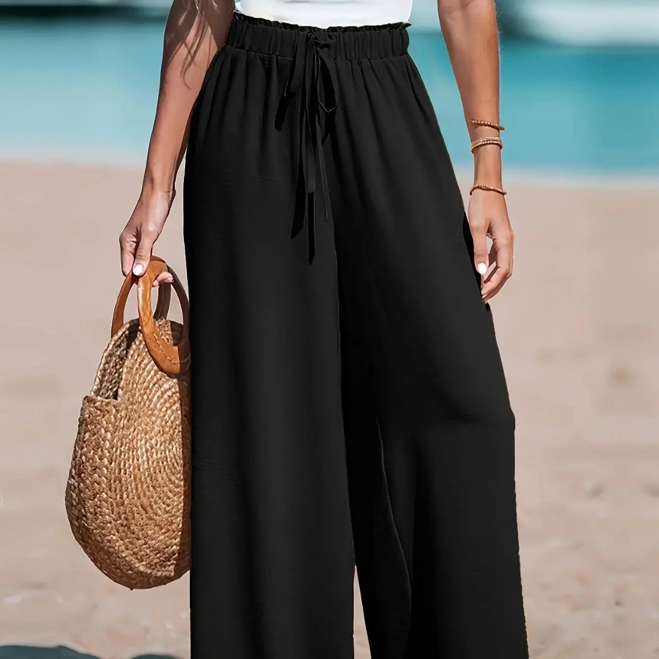 Women's Casual Wide Leg Pants With Drawstring Waist And Pockets