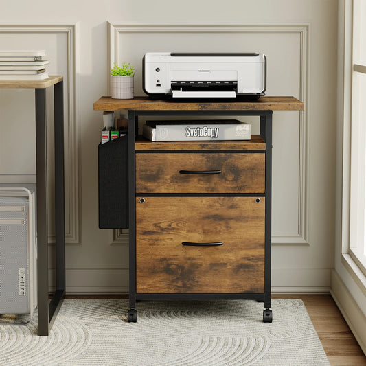 JHK Wheeled Mobile File Cabinet With 2 Fabric Drawers And Open Shelf