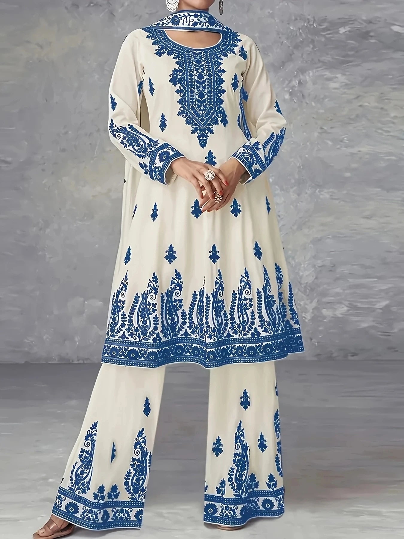 Printed Ethnic Three Piece Crew Neck Set With Headscarf