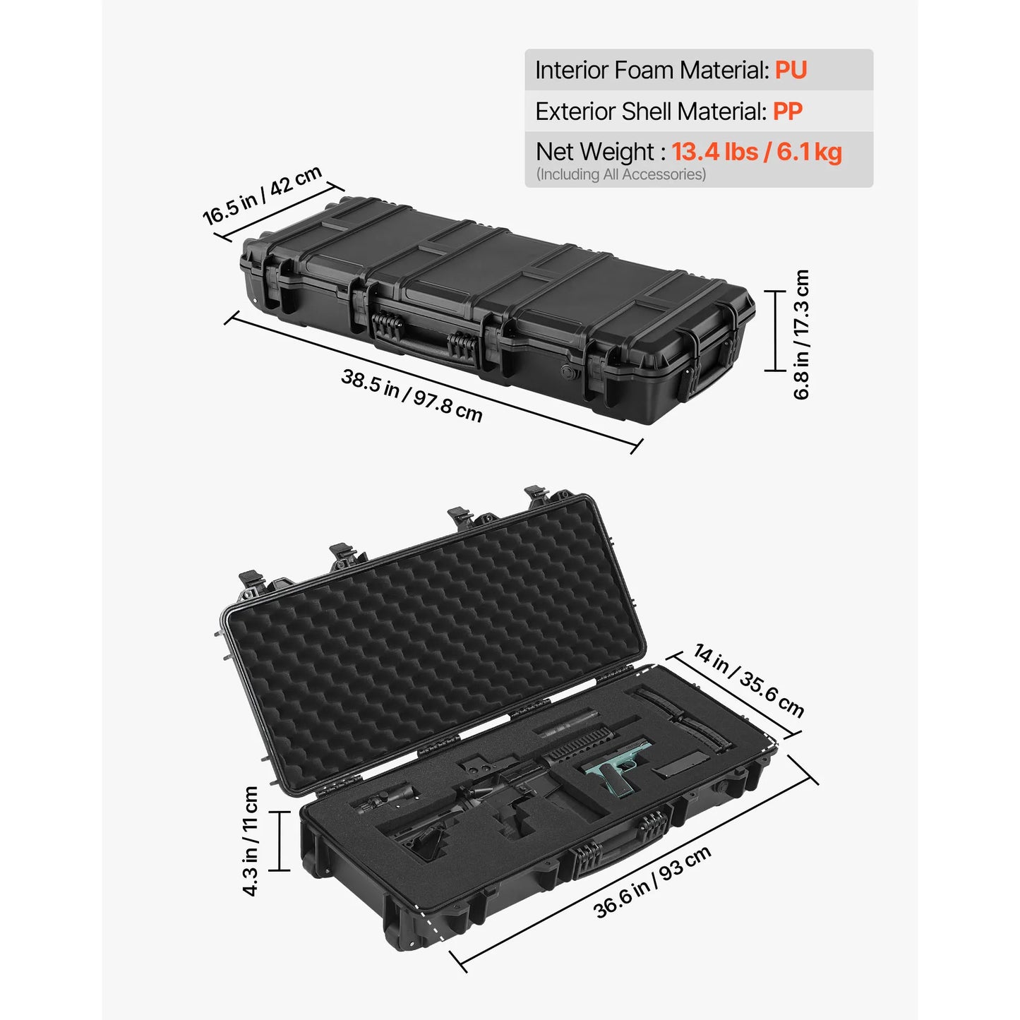 SucceBuy Lockable Hard Rifle Case With Pre-Cut Foams And Wheels IP67 Waterproof