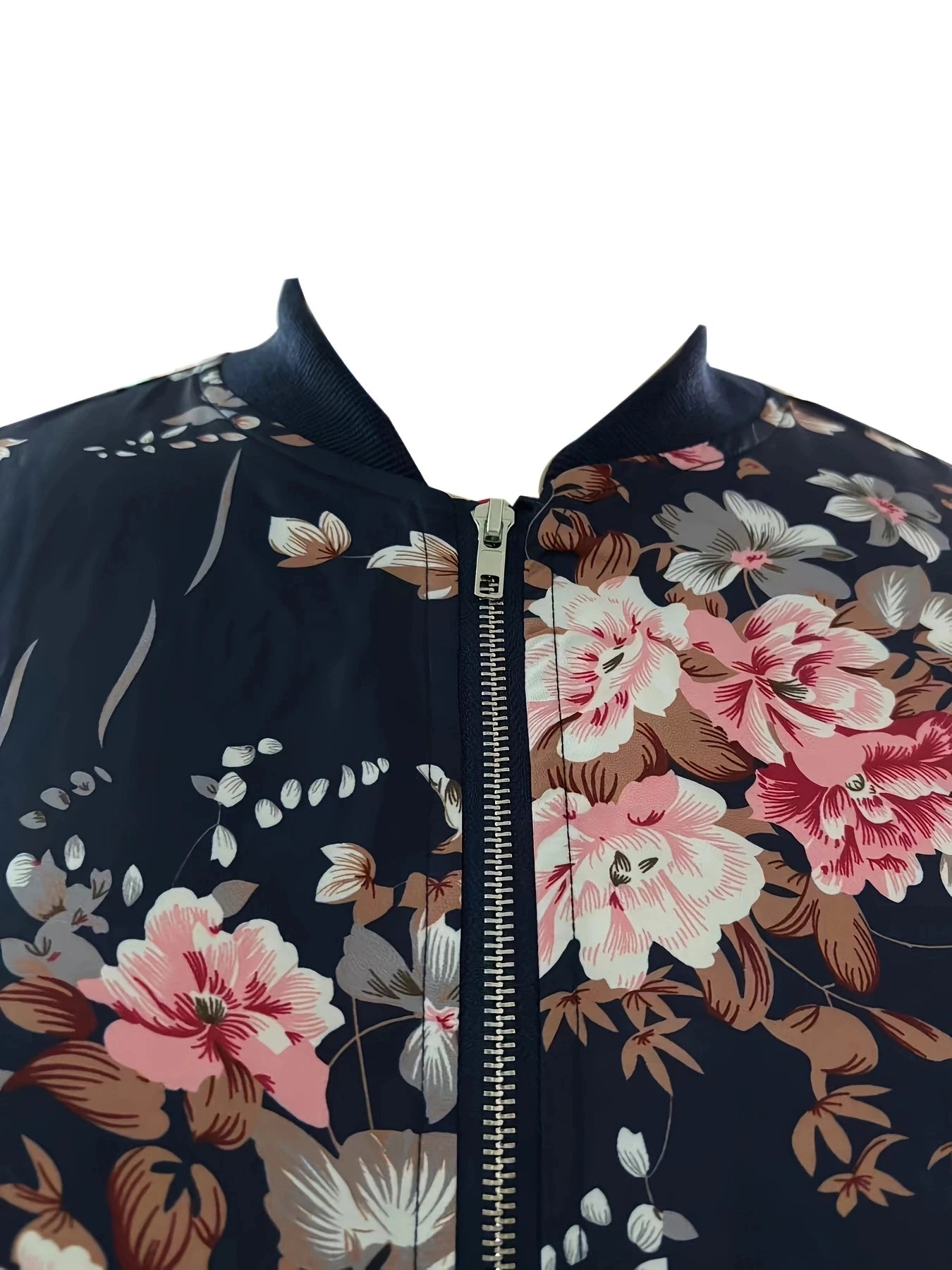 Plus Size Navy Blue Floral Print Baseball Jacket