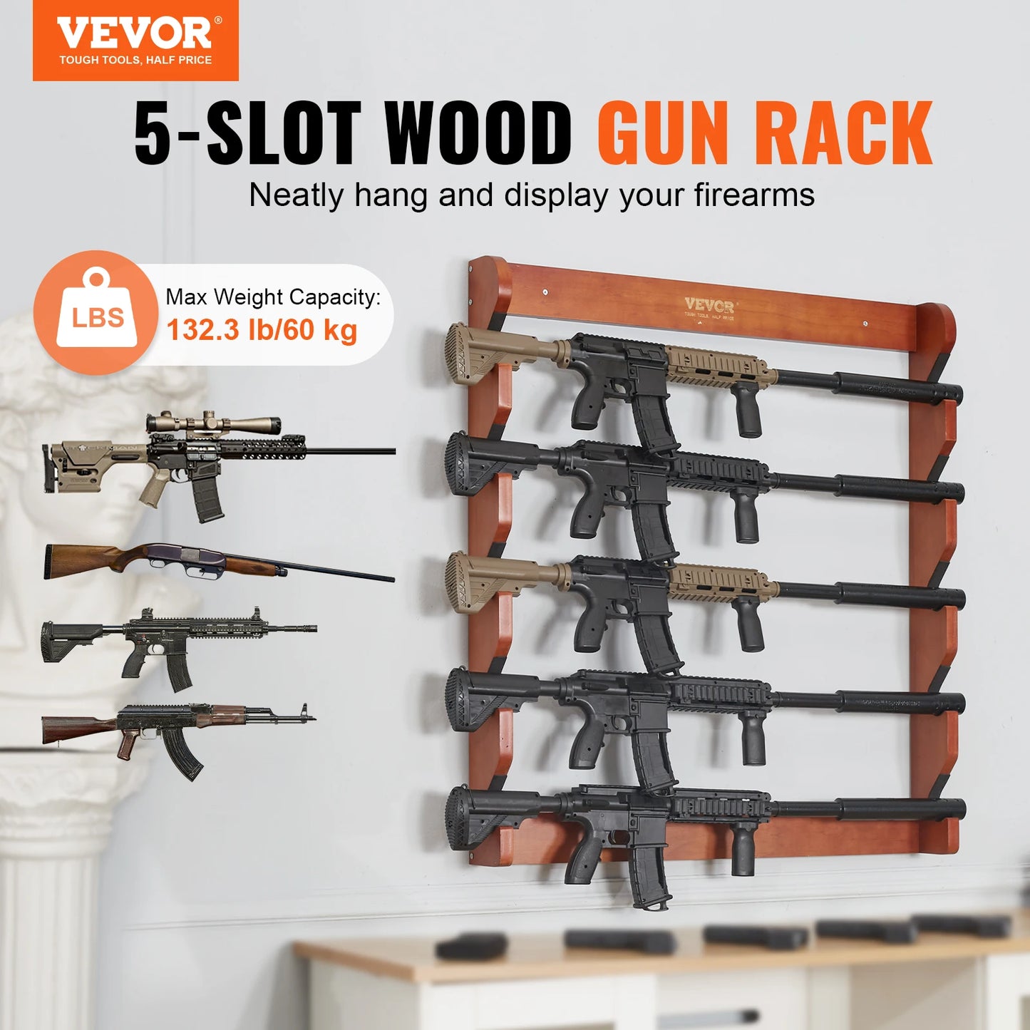 SucceBuy Wood Gun Rack Wall Mount Holds 5 Guns Sturdy