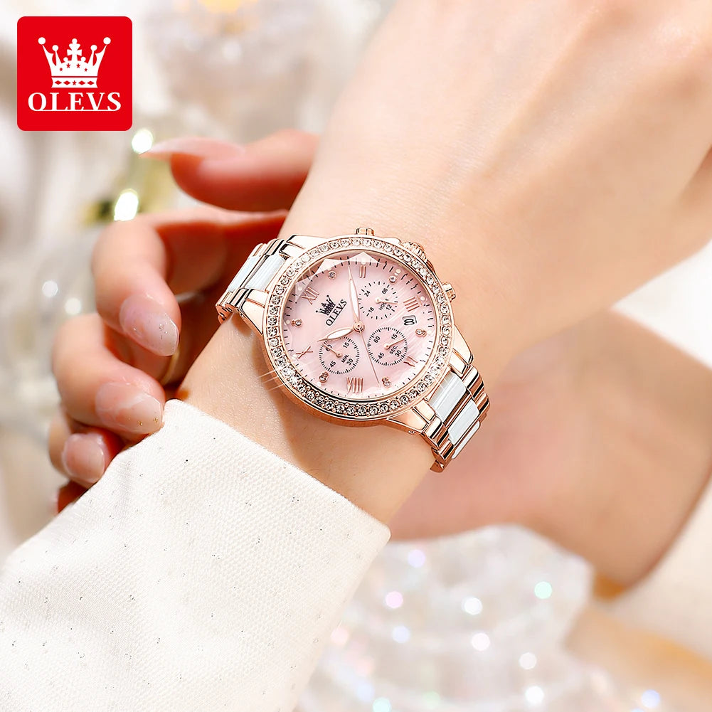 OLEVS Elegant Ceramic Chronograph Womens Watch Waterproof Dress