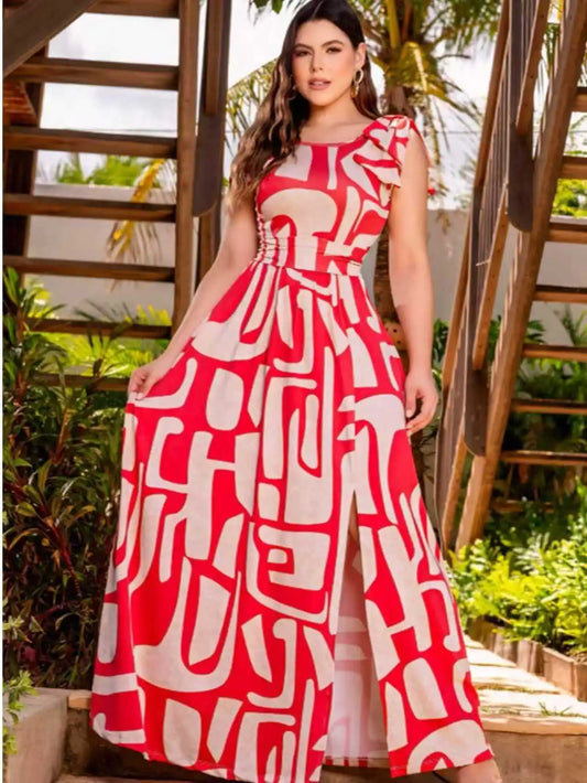 Elegant Polyester Geometric Print Sleeveless Maxi Dress With Bow Accent
