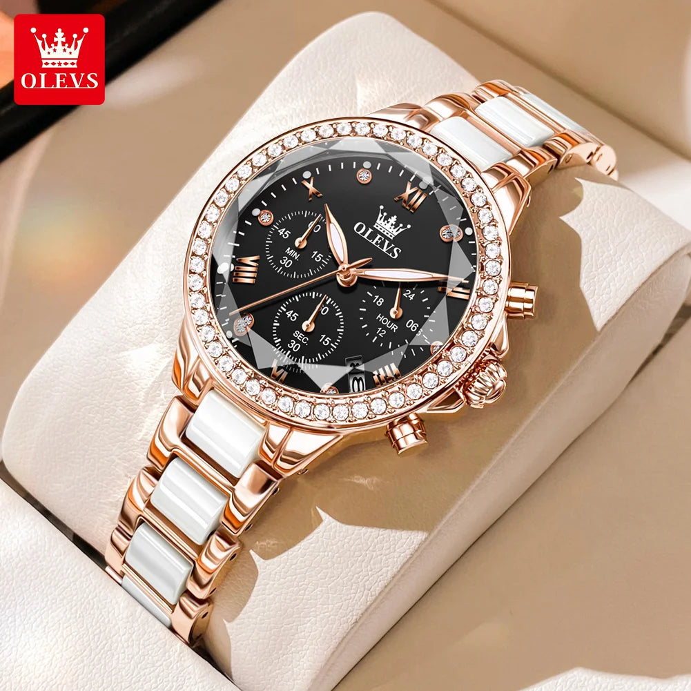 OLEVS Elegant Ceramic Chronograph Womens Watch Waterproof Dress