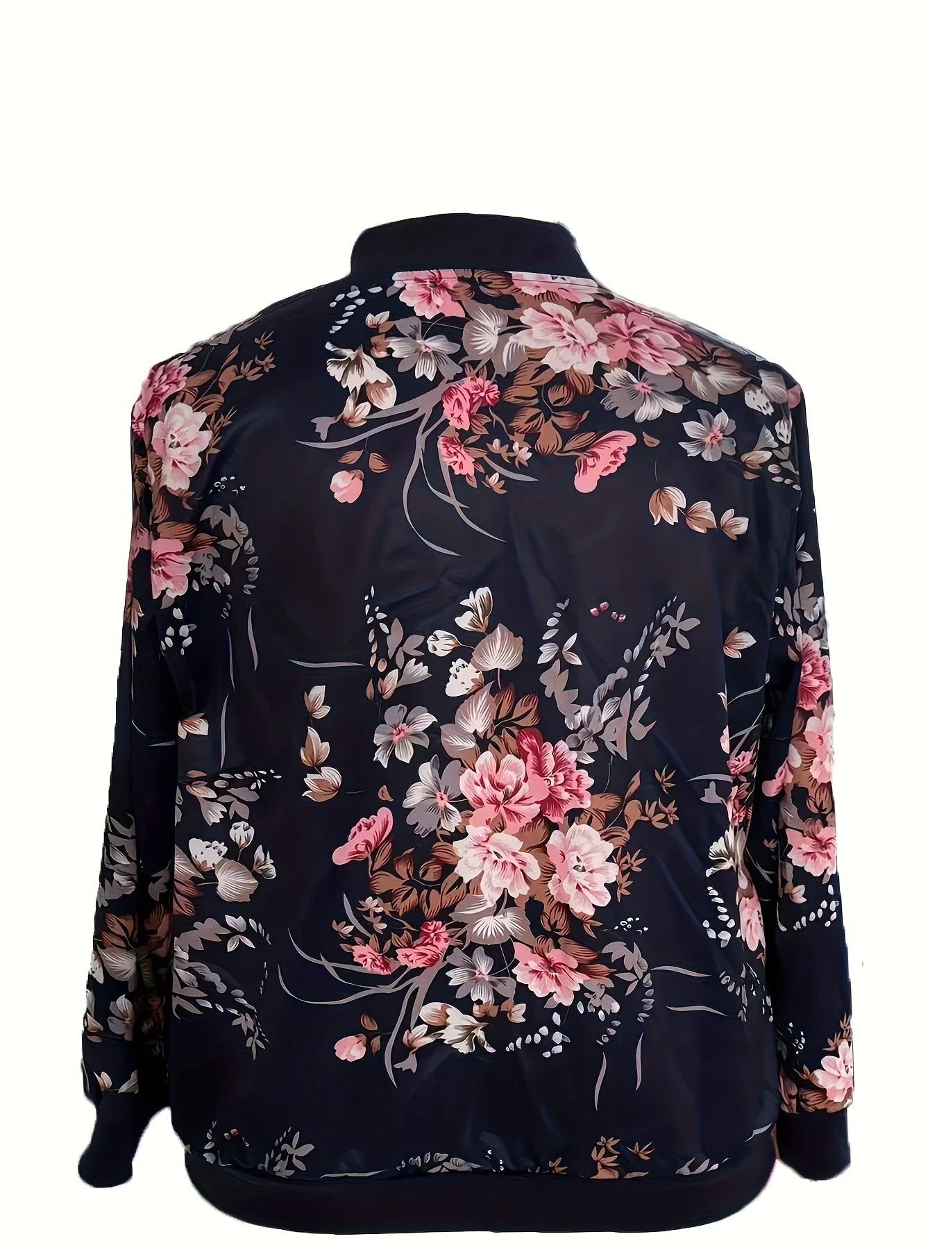 Plus Size Navy Blue Floral Print Baseball Jacket