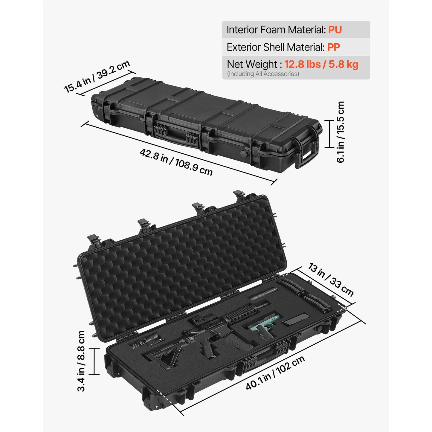 SucceBuy Lockable Hard Rifle Case With Pre-Cut Foams And Wheels IP67 Waterproof