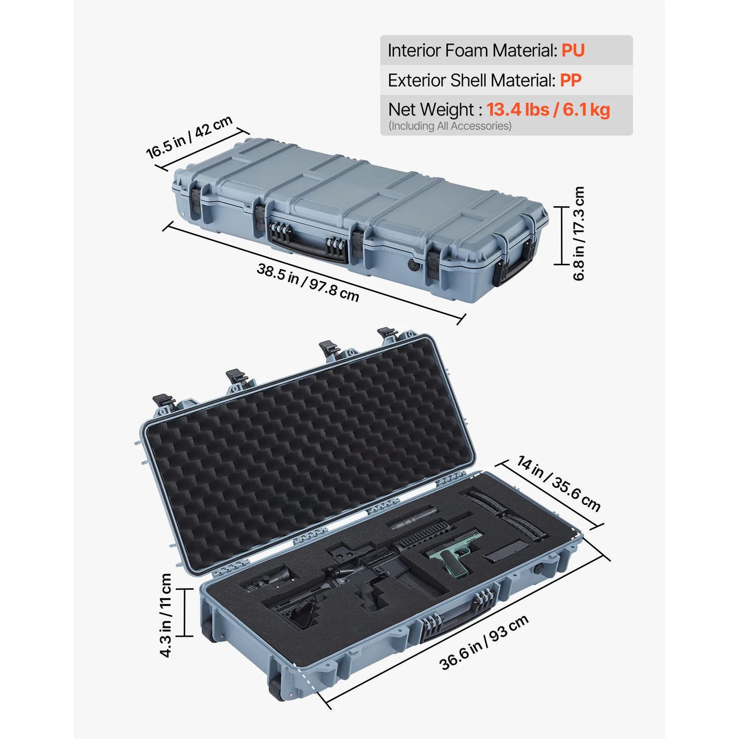 SucceBuy Lockable Hard Rifle Case With Pre-Cut Foams And Wheels IP67 Waterproof