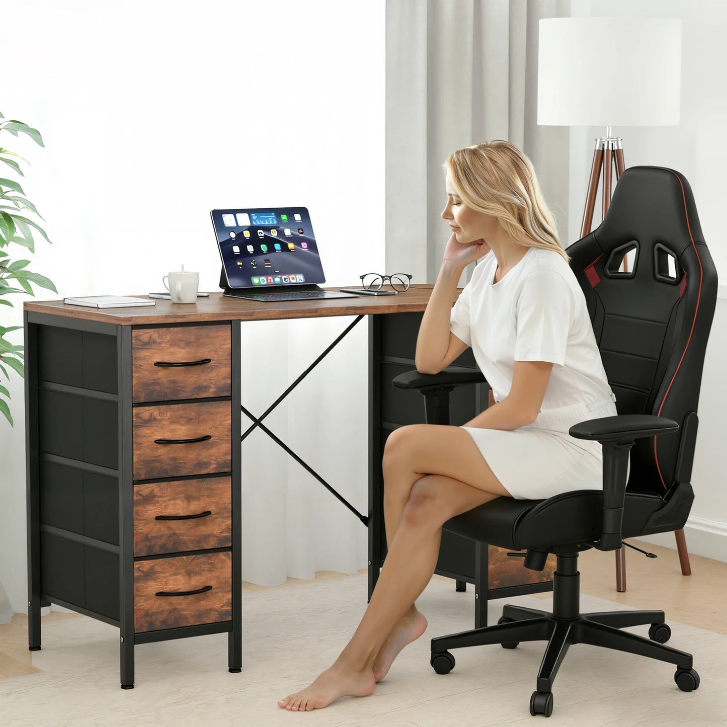 JHK Computer Desk With 8 Fabric Drawers And X Frame