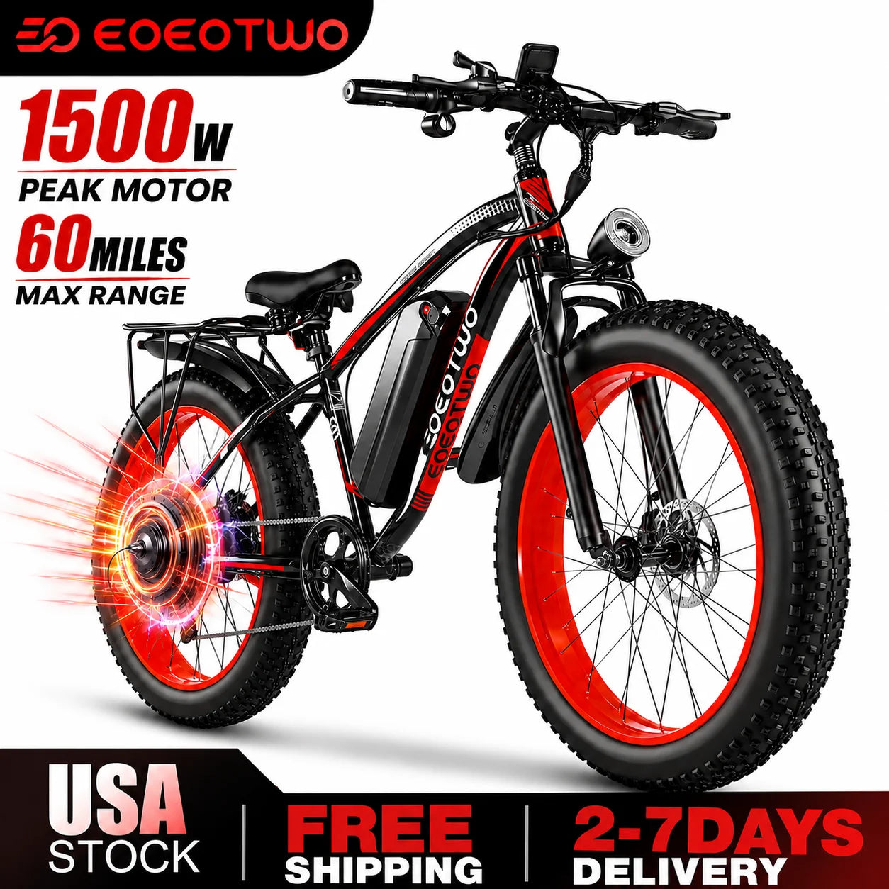 EOEOTWO Fat Tire Electric Bike 1000W Motor 34 MPH 60MileRange
