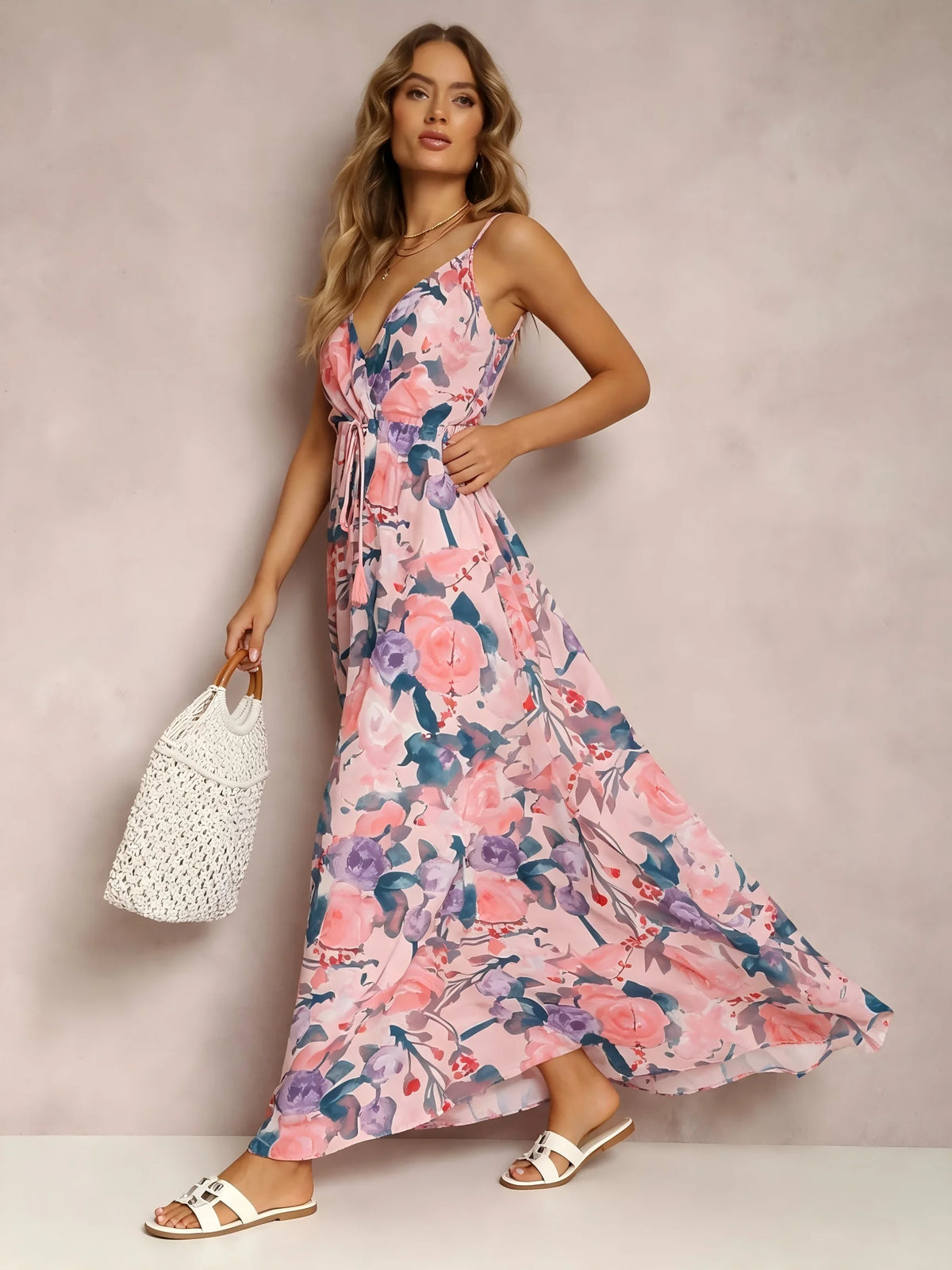 Women Floral Print V Neck Spaghetti Strap Maxi Dress