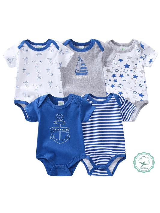 Baby Boy Sailboat Pattern Rompers Bodysuits 5 Pack Cotton