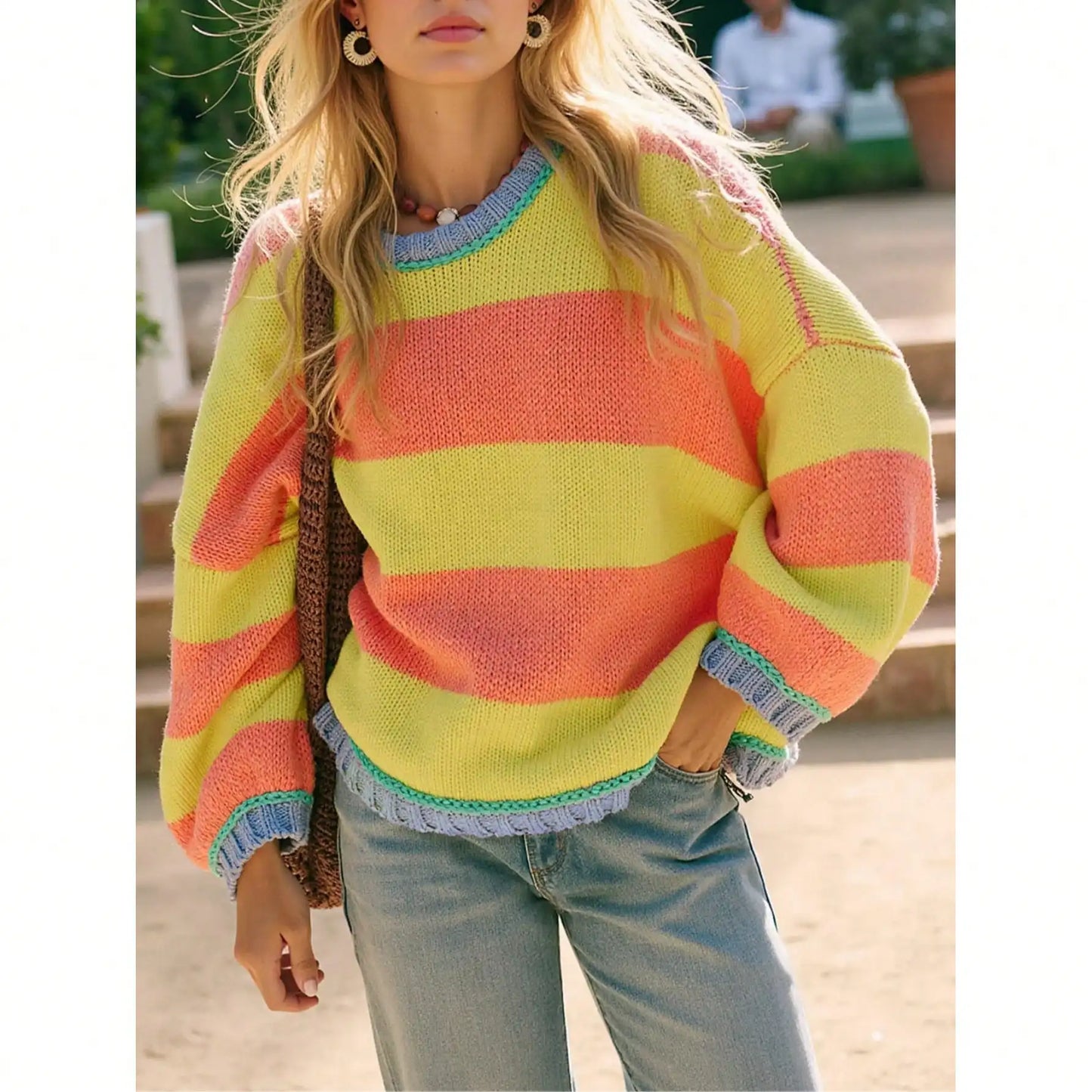 Fisoew Women's Loose Colorblock Knit Sweater