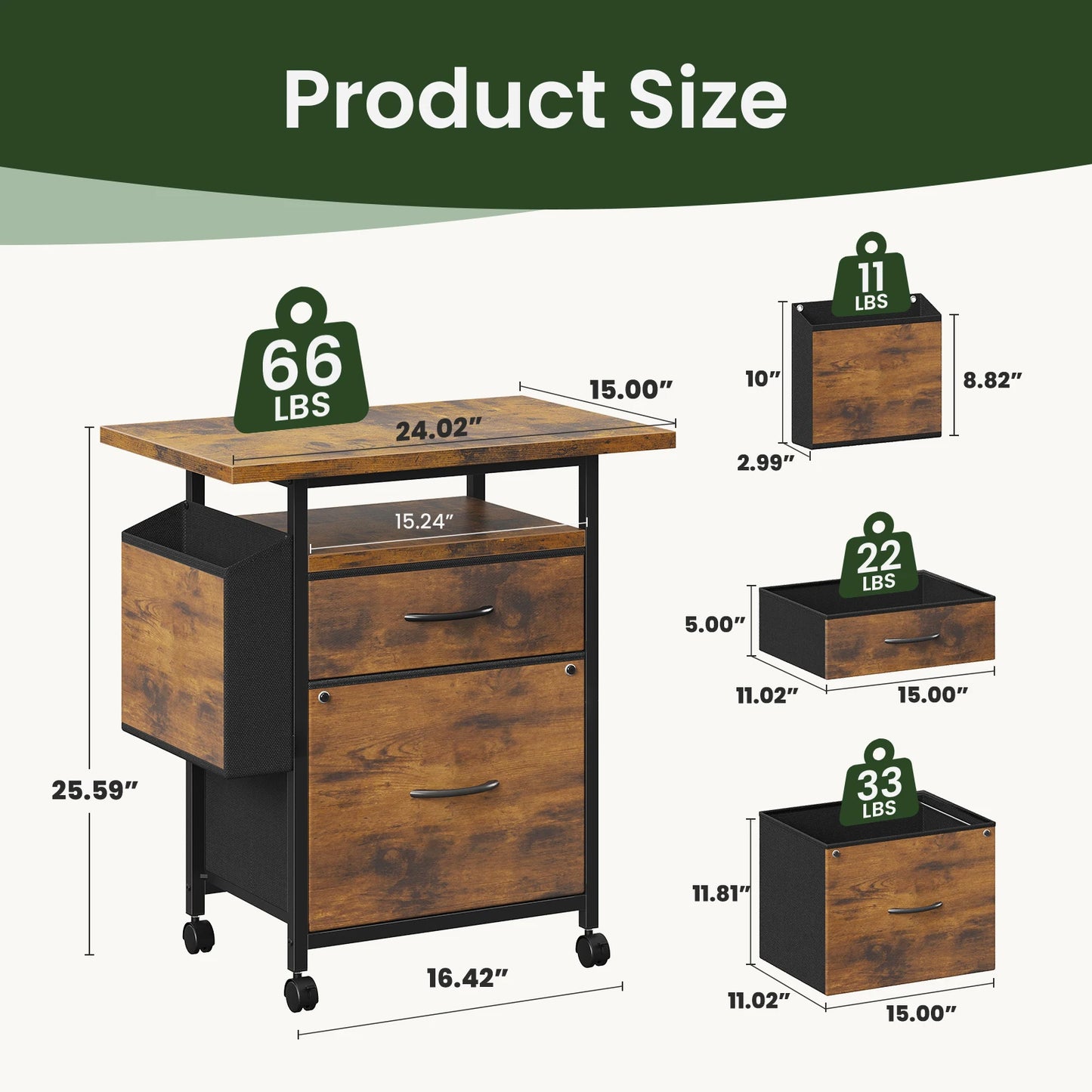 JHK Wheeled Mobile File Cabinet With 2 Fabric Drawers And Open Shelf