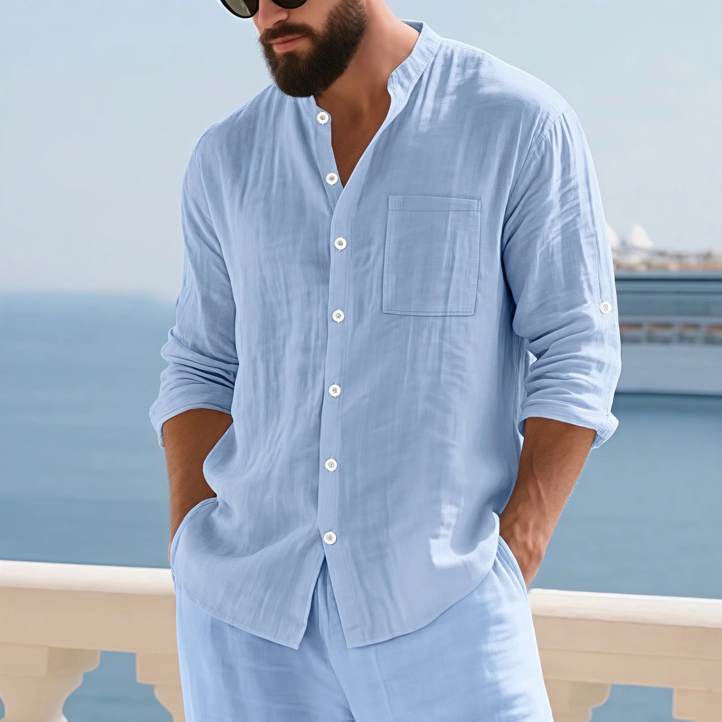 Men Linen Button Down Shirt With Mandarin Collar Chest Pocket Breathable
