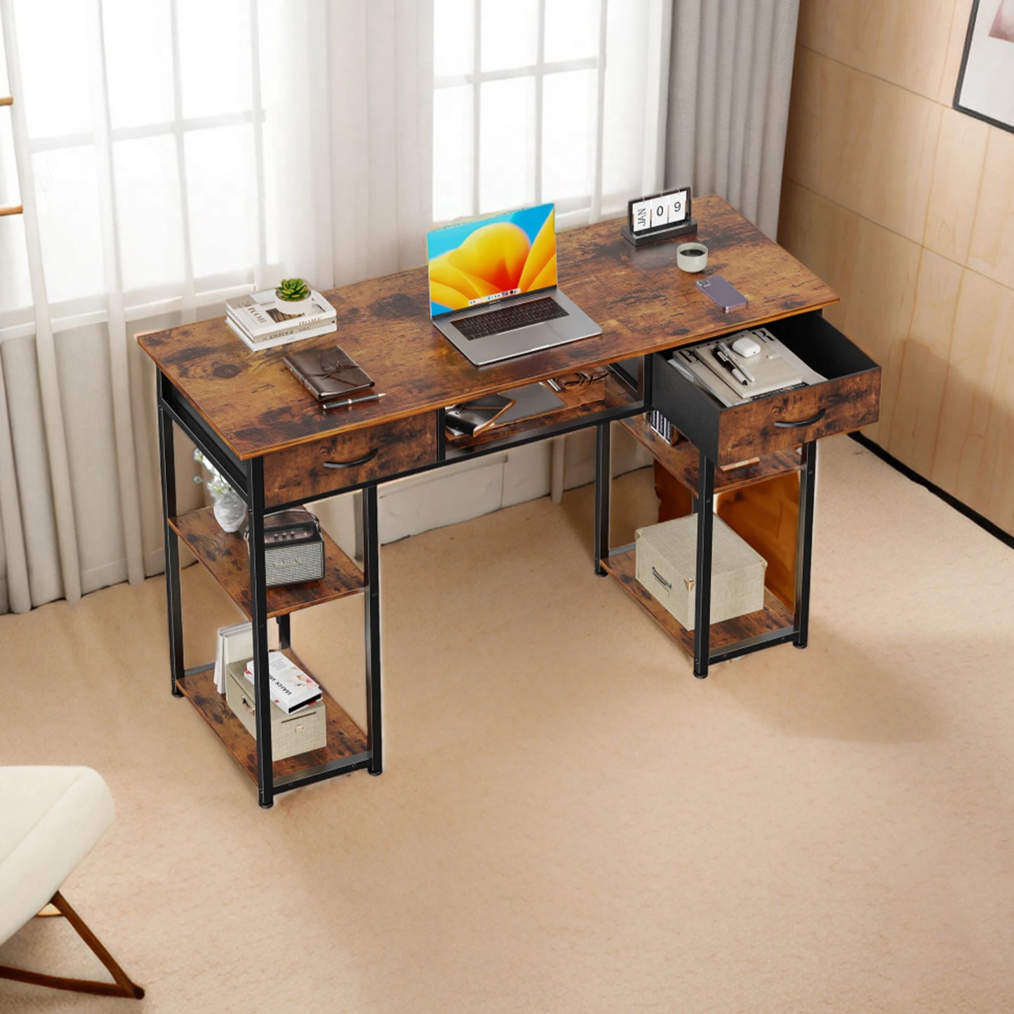 JHK Computer Gaming Desk With Fabric Drawers And Adjustable Feet