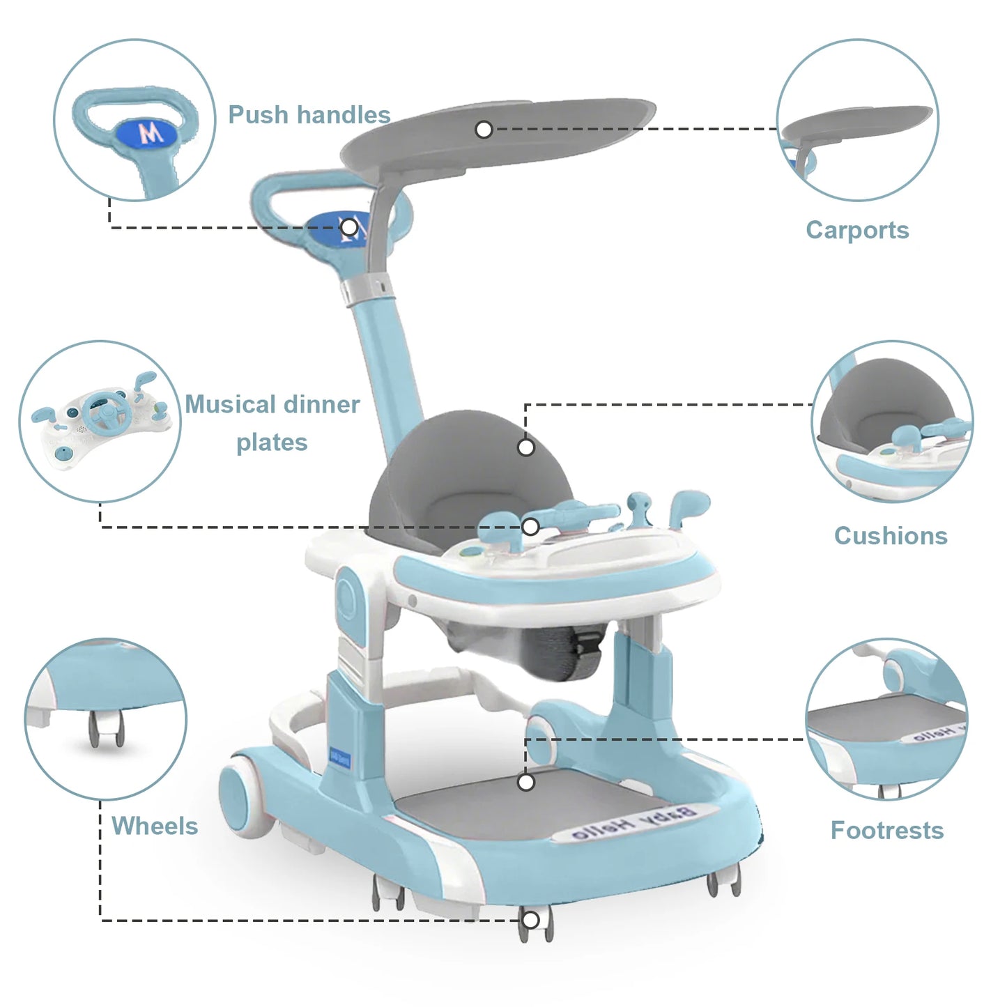 4 In 1 Baby Walker With Sunshade Removable Tray Foldable