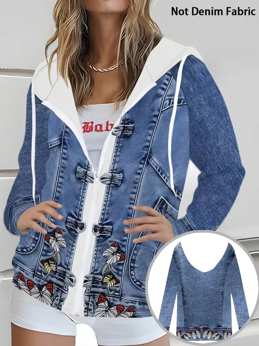 Plus Size Faux Denim Hooded Jacket With Butterfly Embroidery