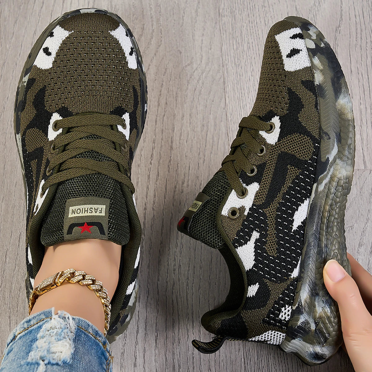 Women Camo Print Flying Knit Sneakers Breathable Mesh Lightweight Lace Up Shoes