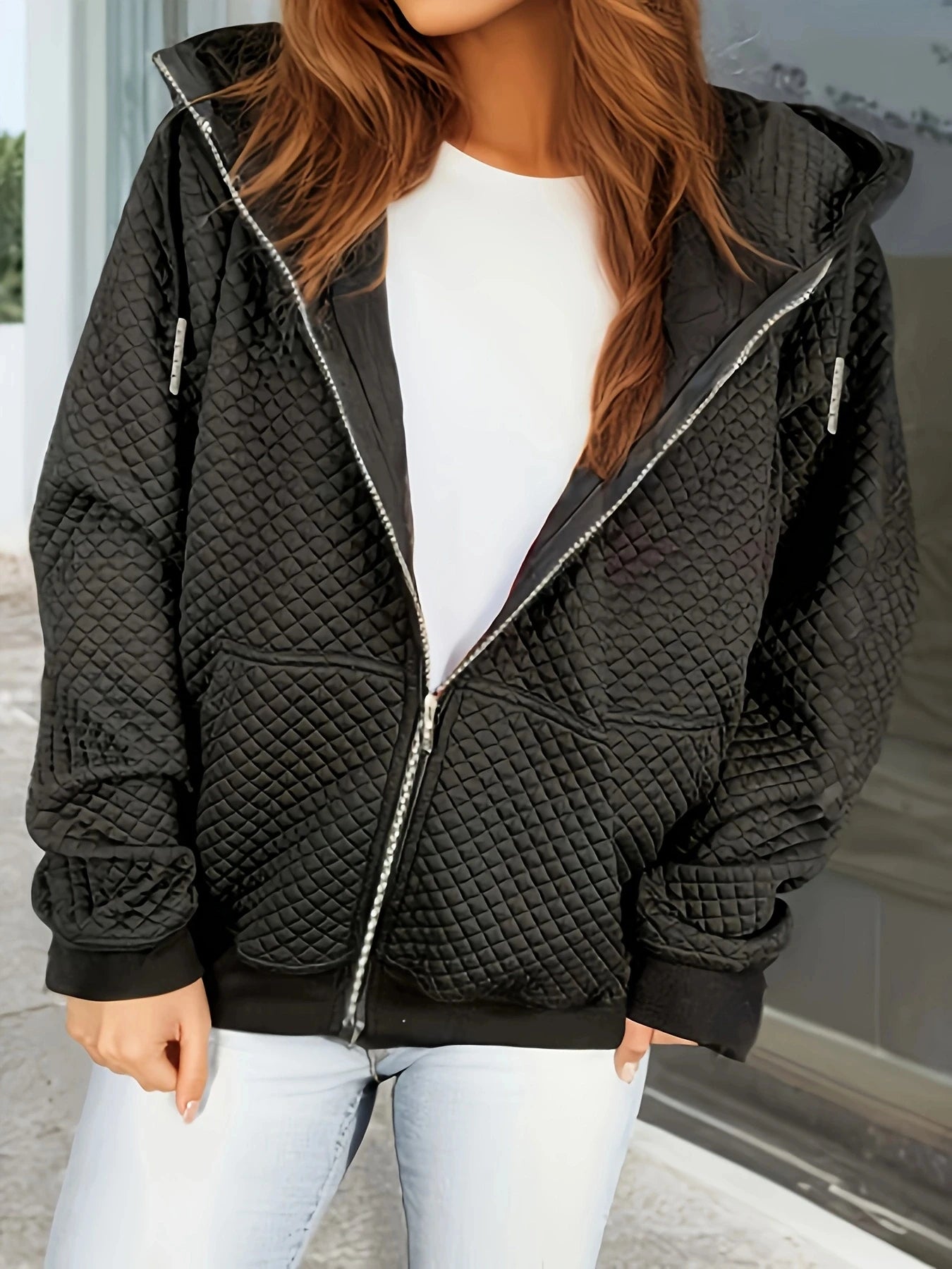 Plus Size Quilted Zip Up Jacket With Stand Collar