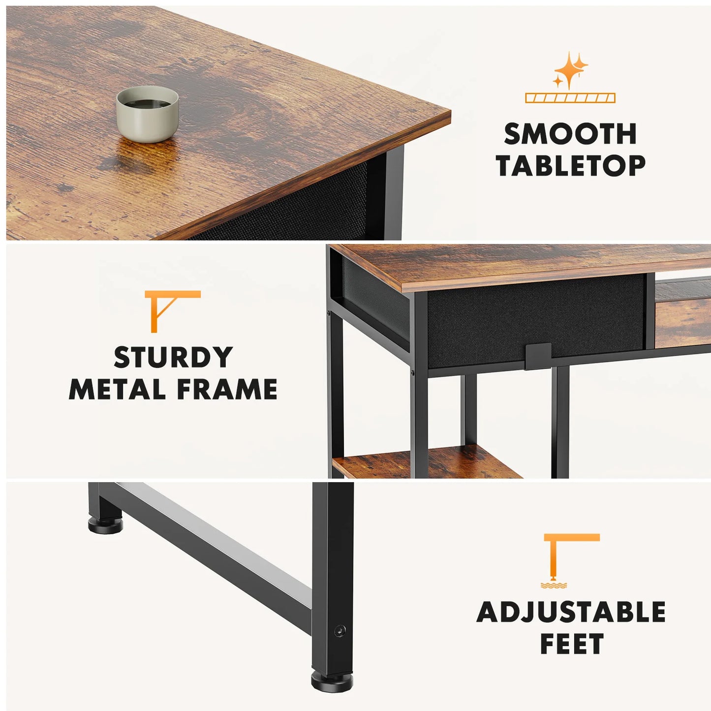 JHK Computer Gaming Desk With Fabric Drawers And Adjustable Feet